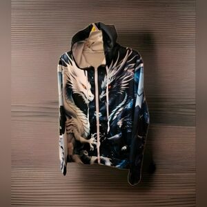 Mens Dragon Sweatshirt Full Zip up Hoodie, Long Sleeve Fairy Animal Thin Hoodie